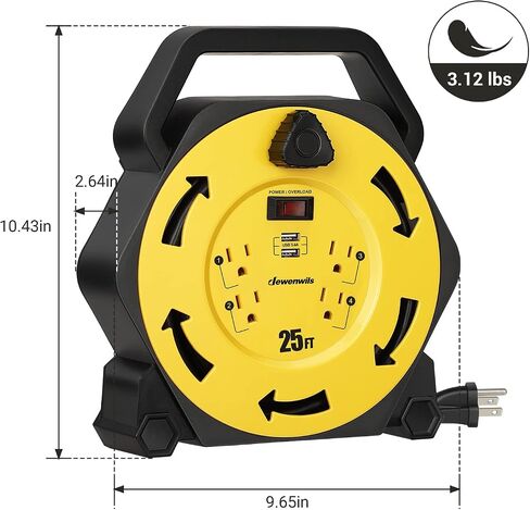بكرة سلك DEWENWILS مع 4 منافذ طاقة، 2 منافذ USB (شحن سريع 3.4 أمبير)، بكرة سلك تمديد قابلة للسحب بطول 25 قدمًا، كابل SJTW 16/3 عالي التحمل، قاطع دائرة 13 أمبير، رياح يدوية، مدرج في قائمة UL in Kuwait
