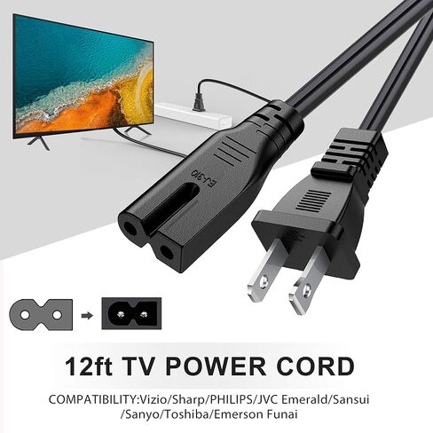12Ft Extra Long 2 Prong Polarized Power Cord for Vizio-LED-TV Smart-HDTV E-M-Series Sound Bar 2 Slot Adapter-AC-Wall-Cable:IEC-60320 IEC320 C7 to NEMA 1-15P for Sharp Philips LED TV PS1 PS2 in Saudi Arabia