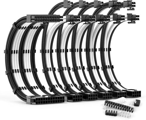 PSU Cable Extension Kit 30CM Length with Combs,1x24Pin/2x8Pin(4+4) EPS/3x8Pin(6P+2P) PCI-E/PC Sleeved for ATX Power Supply,White, All-White in Kuwait