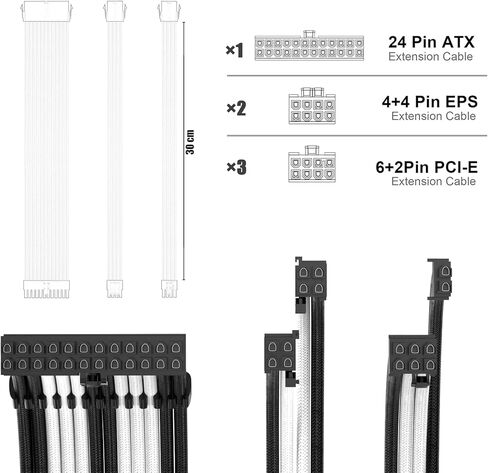 PSU Cable Extension Kit 30CM Length with Combs,1x24Pin/2x8Pin(4+4) EPS/3x8Pin(6P+2P) PCI-E/PC Sleeved for ATX Power Supply,White, All-White in Kuwait