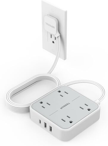 Flat Plug Power Strip, TESSAN 5 ft Ultra Thin Extension Cord with 3 USB Wall Charger(1 USB C Port), 4 Outlets Slim Desk Charging Station Compact for Travel, Office, School, Dorm Room Essentials in Kuwait