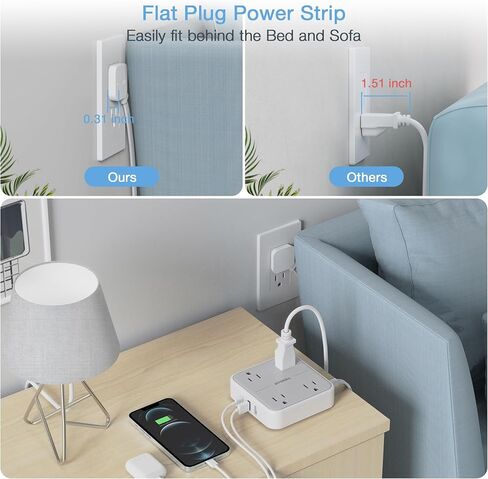 Flat Plug Power Strip, TESSAN 5 ft Ultra Thin Extension Cord with 3 USB Wall Charger(1 USB C Port), 4 Outlets Slim Desk Charging Station Compact for Travel, Office, School, Dorm Room Essentials in Kuwait