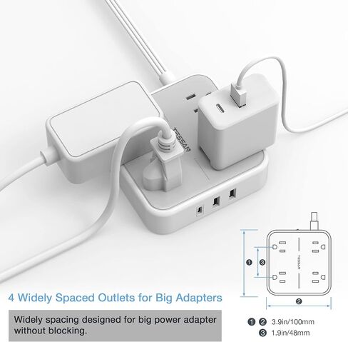 Flat Plug Power Strip, TESSAN 5 ft Ultra Thin Extension Cord with 3 USB Wall Charger(1 USB C Port), 4 Outlets Slim Desk Charging Station Compact for Travel, Office, School, Dorm Room Essentials in Kuwait