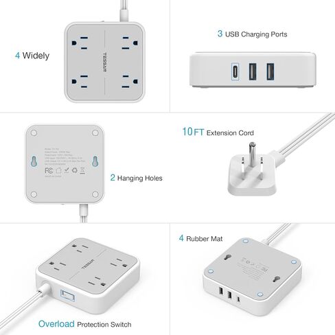 Flat Plug Power Strip, TESSAN 5 ft Ultra Thin Extension Cord with 3 USB Wall Charger(1 USB C Port), 4 Outlets Slim Desk Charging Station Compact for Travel, Office, School, Dorm Room Essentials in Kuwait