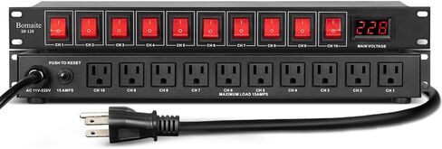 Bomaite SR-128 مكيف تسلسلي للطاقة بـ 10 منافذ - 15 أمبير 1800 واط تيار متردد، مكيف مفتاح تثبيت على حامل الطاقة، واقي التيار الكهربائي الرقمي الاحترافي للأجهزة الكهربائية المنزلية، ومكونات الكمبيوتر in Kuwait