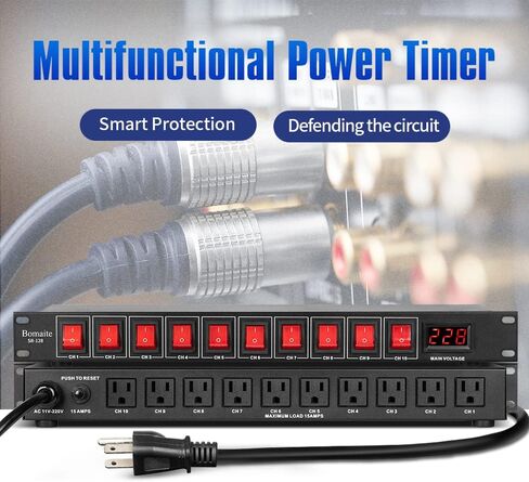 Bomaite SR-128 مكيف تسلسلي للطاقة بـ 10 منافذ - 15 أمبير 1800 واط تيار متردد، مكيف مفتاح تثبيت على حامل الطاقة، واقي التيار الكهربائي الرقمي الاحترافي للأجهزة الكهربائية المنزلية، ومكونات الكمبيوتر in Kuwait