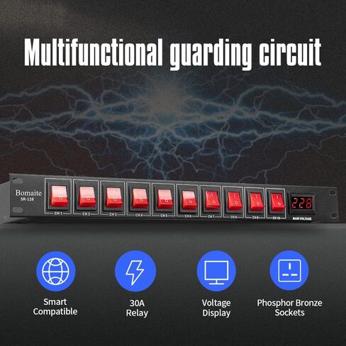 Bomaite SR-128 مكيف تسلسلي للطاقة بـ 10 منافذ - 15 أمبير 1800 واط تيار متردد، مكيف مفتاح تثبيت على حامل الطاقة، واقي التيار الكهربائي الرقمي الاحترافي للأجهزة الكهربائية المنزلية، ومكونات الكمبيوتر in Kuwait