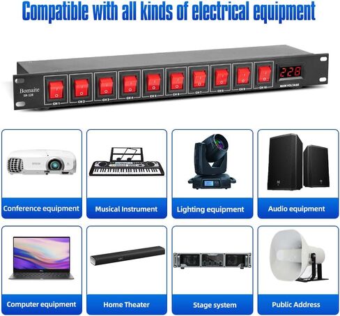 Bomaite SR-128 مكيف تسلسلي للطاقة بـ 10 منافذ - 15 أمبير 1800 واط تيار متردد، مكيف مفتاح تثبيت على حامل الطاقة، واقي التيار الكهربائي الرقمي الاحترافي للأجهزة الكهربائية المنزلية، ومكونات الكمبيوتر in Kuwait
