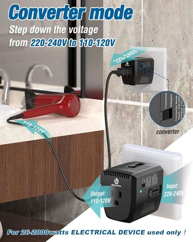 مجموعة محول ومحول السفر بقدرة 2000 واط - محول طاقة للولايات المتحدة والمملكة المتحدة وأوروبا وأكثر من 150 دولة - تصميم مدمج للسفر الدولي (أسود) in Kuwait