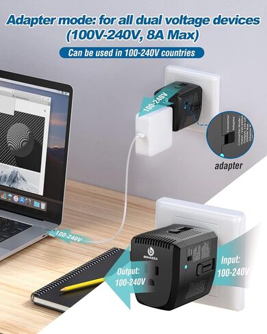 مجموعة محول ومحول السفر بقدرة 2000 واط - محول طاقة للولايات المتحدة والمملكة المتحدة وأوروبا وأكثر من 150 دولة - تصميم مدمج للسفر الدولي (أسود) in Kuwait