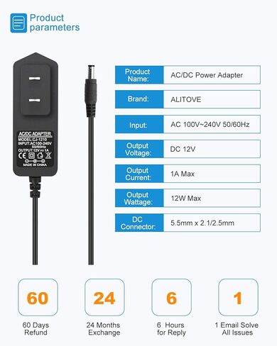ALITOVE 12V 1A مزود الطاقة DC 12 فولت محول الطاقة 12V 1000mA 600mA 800mA 12W AC/DC محول 100V~240V AC إلى DC 12V سلك الطاقة مع طرف 5.5x2.5mm لجهاز التوجيه LED قطاع نظام الكاميرا الأمنية، أبيض in Kuwait