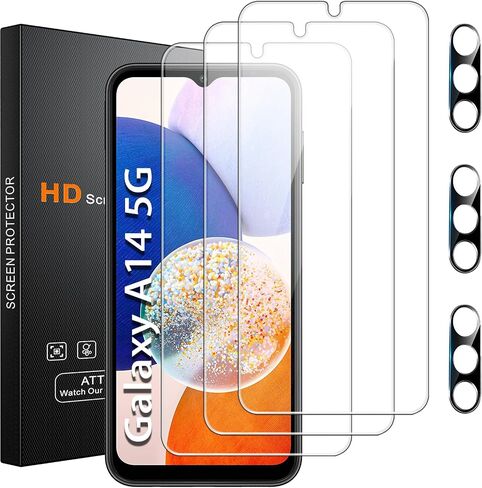 Lesakit 3 Pack Galaxy A14 Screen Protector + 3 Pack Camera Lens Protector, [Anti-Scratch][Full Coverage][Easy Installation] Tempered Glass Screen Protector for Samsung Galaxy A14 in Kuwait