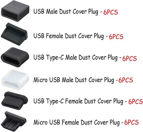36 PCS 6 Types USB Anti Dust Cover Plugs, USB Type-C Dust Stopper, Silicone Soft Micro USB Cap Port Protector, Anti Dust Cover Protector Plugs Cap for USB A, Micro USB, Type C Ports (36PCS) in Kuwait