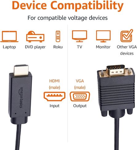 Amazon Basics كابل HDMI أحادي الاتجاه إلى VGA، مطلي بالذهب، 6 أقدام، أسود in Saudi Arabia