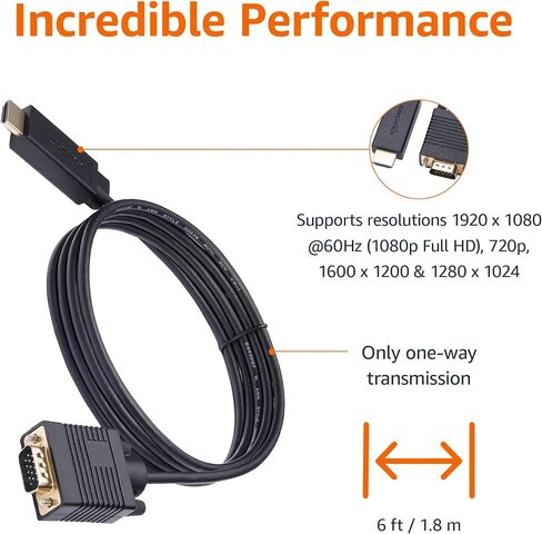 Amazon Basics كابل HDMI أحادي الاتجاه إلى VGA، مطلي بالذهب، 6 أقدام، أسود in Saudi Arabia