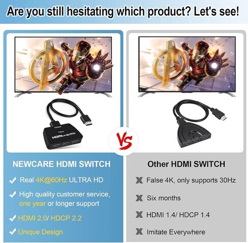 موزع محول HDMI 2.0 4K@60Hz مع كيبل HDMI بطول 3.9 قدم، محول HDMI 3 في 1، 3 منافذ HDMI، يدعم 4K 30Hz 3D 1080P HDCP2.2 لـ PS5 PS4 Xbox DVD Player Fire Stick Apple TV PC in Kuwait