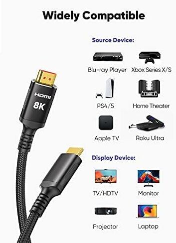 كابل HDMI Snowkids 8K@60 2.1 3.3FT/1M، 48 جيجابت في الثانية عالي السرعة 8K60 4K120 144 هرتز سلك HDMI مضفر HDR/eARC/3D HDCP 2.2&2.3 متوافق مع Roku TV/PS5/HDTV/Blu-ray in Kuwait