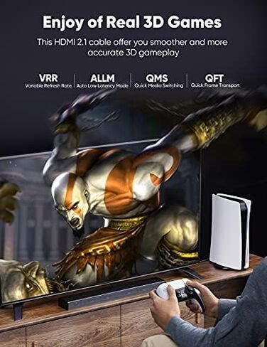 كابل HDMI Snowkids 8K@60 2.1 3.3FT/1M، 48 جيجابت في الثانية عالي السرعة 8K60 4K120 144 هرتز سلك HDMI مضفر HDR/eARC/3D HDCP 2.2&2.3 متوافق مع Roku TV/PS5/HDTV/Blu-ray in Kuwait