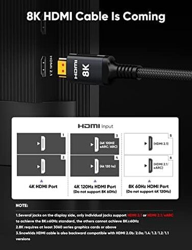 كابل HDMI Snowkids 8K@60 2.1 3.3FT/1M، 48 جيجابت في الثانية عالي السرعة 8K60 4K120 144 هرتز سلك HDMI مضفر HDR/eARC/3D HDCP 2.2&2.3 متوافق مع Roku TV/PS5/HDTV/Blu-ray in Kuwait