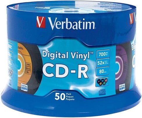 Verbatim CD-R Blank Discs 700MB 80min 52X Recordable Disc for Data and Music with Digital Vinyl Surface - 50pk Spindle Blue/Green/Orange/Pink/Purple in Saudi Arabia