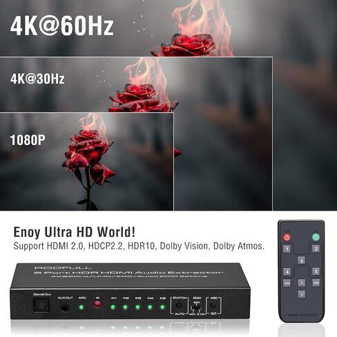 (Newest Version) ROOFULL 5 Port 4K HDMI Switch with Remote 5 in 1 Out 4K@60Hz HDMI 2.0 Video Switcher Selector, Dolby Vision/Atmos Auto-Switching HDCP 2.2 HDR 10 CEC 18Gbps for PS5/4Pro Xbox Apple TV in Saudi Arabia