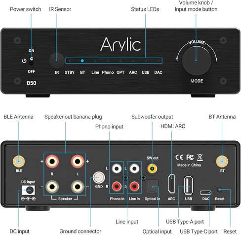 مضخم صوت استريو Arylic B50 بلوتوث aptX HD مع جهاز إرسال صوتي، مضخم صوت بقناتين 50 وات*2 مع HDMI ARC، مدخل فونو وتطبيق تحكم GO مجاني. يدعم نقل واستقبال الموسيقى عالية الدقة 192 كيلو هرتز/24 بت. in Kuwait