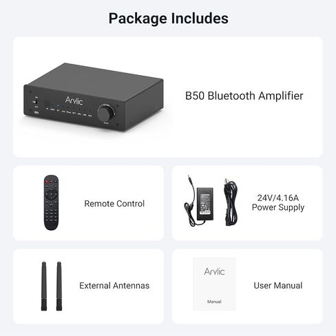 مضخم صوت استريو Arylic B50 بلوتوث aptX HD مع جهاز إرسال صوتي، مضخم صوت بقناتين 50 وات*2 مع HDMI ARC، مدخل فونو وتطبيق تحكم GO مجاني. يدعم نقل واستقبال الموسيقى عالية الدقة 192 كيلو هرتز/24 بت. in Kuwait