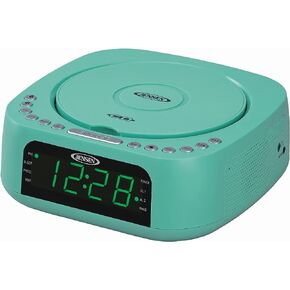 Jensen Teal مشغل أقراص مضغوطة صوتي منزلي حديث على الطاولة ستيريو مزدوج وساعة منبه رقمية وراديو FM | مشغل CD/MP3/WMA ذو التحميل العلوي | منفذ شحن USB 2.1 أمبير | جاك سماعة الرأس | 0.9 عرض LED الأخضر in Saudi Arabia