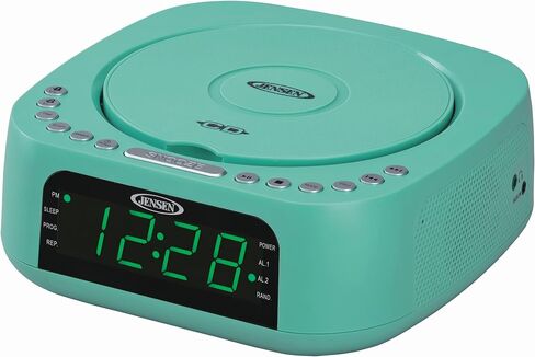 Jensen Teal Modern Home Audio CD Player Tabletop Stereo Dual Alarm Clock Digital FM Radio | Top-Loading CD/MP3/WMA Player | USB Charging Port 2.1A | Headphone Jack | 0.9 Display Green LED in Saudi Arabia