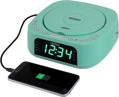 Jensen Teal Modern Home Audio CD Player Tabletop Stereo Dual Alarm Clock Digital FM Radio | Top-Loading CD/MP3/WMA Player | USB Charging Port 2.1A | Headphone Jack | 0.9 Display Green LED in Saudi Arabia