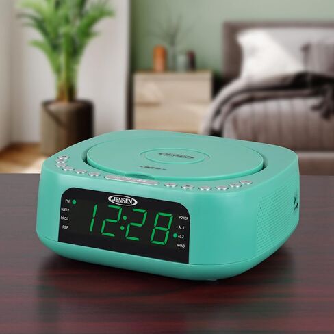 Jensen Teal Modern Home Audio CD Player Tabletop Stereo Dual Alarm Clock Digital FM Radio | Top-Loading CD/MP3/WMA Player | USB Charging Port 2.1A | Headphone Jack | 0.9 Display Green LED in Saudi Arabia