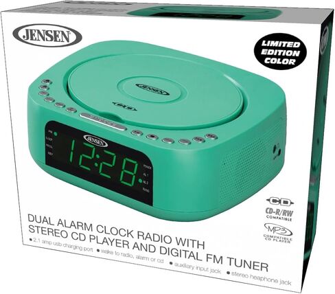 Jensen Teal Modern Home Audio CD Player Tabletop Stereo Dual Alarm Clock Digital FM Radio | Top-Loading CD/MP3/WMA Player | USB Charging Port 2.1A | Headphone Jack | 0.9 Display Green LED in Saudi Arabia