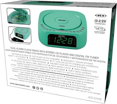 Jensen Teal Modern Home Audio CD Player Tabletop Stereo Dual Alarm Clock Digital FM Radio | Top-Loading CD/MP3/WMA Player | USB Charging Port 2.1A | Headphone Jack | 0.9 Display Green LED in Saudi Arabia