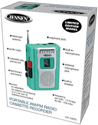 Jensen® CR-100 Vinatge Portable Personal Cassette/Recorder Tape Player with AM-FM Radio Built-in Speaker & Microphone, Headphone Jack Input - Teal Limited Edition in Kuwait