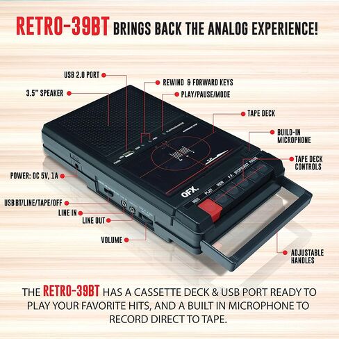 QFX RETRO-39 Portable Shoebox Tape Recorder, Analog Cassette Tape Deck with USB 2.0, Built-in Microphone, 3.5" Bluetooth Speaker in Kuwait