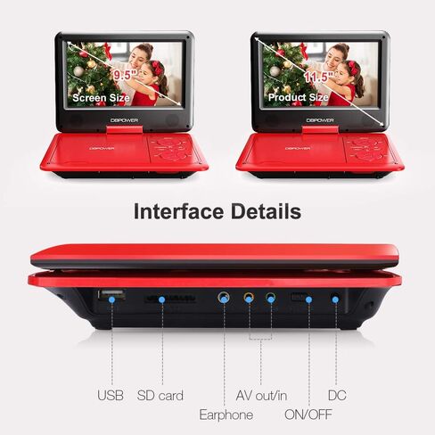 مشغل DVD محمول مقاس 11.5 بوصة من DBPOWER، بطارية مدمجة قابلة لإعادة الشحن لمدة 5 ساعات، شاشة دوارة 9 بوصة، يدعم CD/DVD/بطاقة SD/USB، جهاز تحكم عن بعد، شاحن سيارة 1.8 متر، محول طاقة ومسند رأس السيارة (أسود) in Saudi Arabia