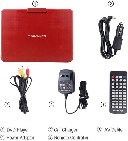 DBPOWER 11.5" Portable DVD Player, 5-Hour Built-in Rechargeable Battery, 9" Swivel Screen, Support CD/DVD/SD Card/USB, Remote Control, 1.8 Meter Car Charger, Power Adaptor and Car Headrest (Black) in Kuwait