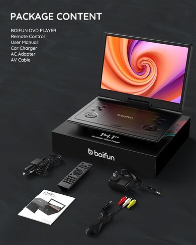 مشغل DVD محمول BOIFUN مقاس 15.7 بوصة مع شاشة عالية الدقة مقاس 14.1 بوصة، وبطارية قابلة لإعادة الشحن لمدة 6 ساعات، ودعم بطاقة USB/SD/تلفزيون مزامنة وتنسيقات أقراص متعددة، ومكبر صوت عالي الحجم، أسود كلاسيكي in Kuwait