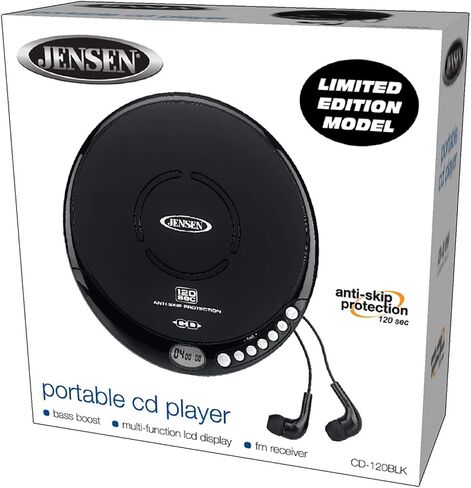 Jensen Portable CD-120 Portable Personal CD Player Compact 120 SEC Anti-Skip CD Player – Lightweight & Shockproof Music Disc Player & FM Radio Pro Sport-Earbuds for Kids & Adults (Black) in Saudi Arabia