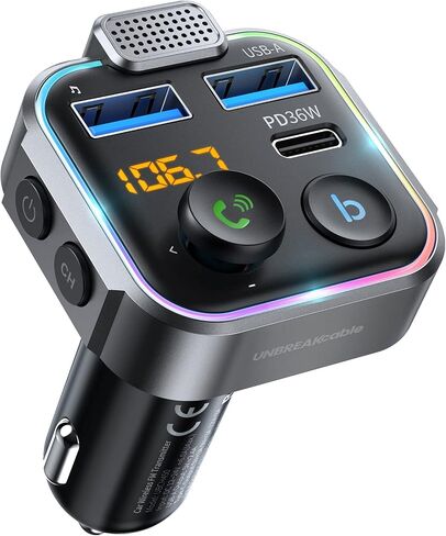 UNBREAKcable Bluetooth 5.3 FM Transmitter for Car Radio Adapter Charger | PD 20W and QC 3.0 Fast Charge, HiFi Bass Sound, Strong Mic, Hands Free Calls, Siri and Google Voice Assistant in Kuwait