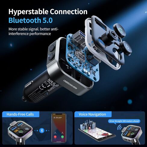 UNBREAKcable Bluetooth 5.3 FM Transmitter for Car Radio Adapter Charger | PD 20W and QC 3.0 Fast Charge, HiFi Bass Sound, Strong Mic, Hands Free Calls, Siri and Google Voice Assistant in Kuwait