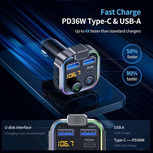 UNBREAKcable Bluetooth 5.3 FM Transmitter for Car Radio Adapter Charger | PD 20W and QC 3.0 Fast Charge, HiFi Bass Sound, Strong Mic, Hands Free Calls, Siri and Google Voice Assistant in Kuwait