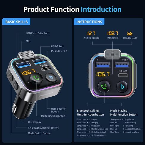 UNBREAKcable Bluetooth 5.3 FM Transmitter for Car Radio Adapter Charger | PD 20W and QC 3.0 Fast Charge, HiFi Bass Sound, Strong Mic, Hands Free Calls, Siri and Google Voice Assistant in Kuwait