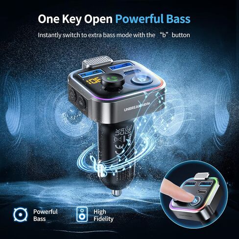 UNBREAKcable Bluetooth 5.3 FM Transmitter for Car Radio Adapter Charger | PD 20W and QC 3.0 Fast Charge, HiFi Bass Sound, Strong Mic, Hands Free Calls, Siri and Google Voice Assistant in Kuwait