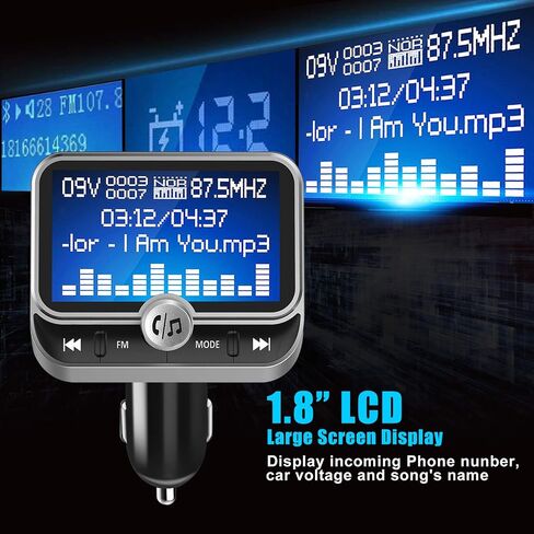 ToHayie Bluetooth FM Transmitter for Car, Transmitter Bluetooth Car Wireless Radio Adapter Hands-Free Car Kit with 1.8 inch Display, Dual USB Car Charger, AUX Input/Output, TF Card Mp3 Player, Silver in Saudi Arabia