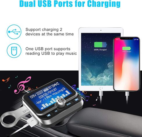 ToHayie Bluetooth FM Transmitter for Car, Transmitter Bluetooth Car Wireless Radio Adapter Hands-Free Car Kit with 1.8 inch Display, Dual USB Car Charger, AUX Input/Output, TF Card Mp3 Player, Silver in Saudi Arabia