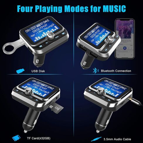 ToHayie Bluetooth FM Transmitter for Car, Transmitter Bluetooth Car Wireless Radio Adapter Hands-Free Car Kit with 1.8 inch Display, Dual USB Car Charger, AUX Input/Output, TF Card Mp3 Player, Silver in Saudi Arabia