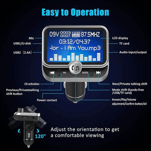 ToHayie Bluetooth FM Transmitter for Car, Transmitter Bluetooth Car Wireless Radio Adapter Hands-Free Car Kit with 1.8 inch Display, Dual USB Car Charger, AUX Input/Output, TF Card Mp3 Player, Silver in Saudi Arabia