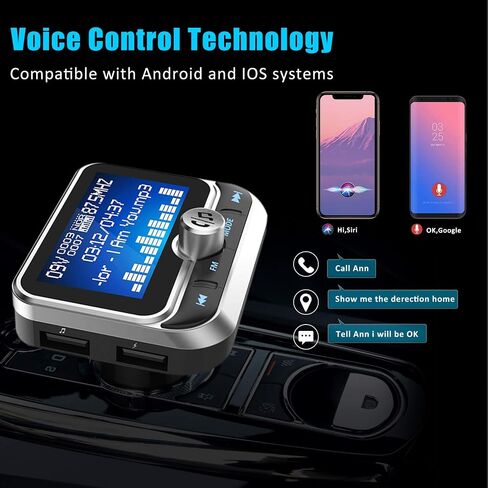 ToHayie Bluetooth FM Transmitter for Car, Transmitter Bluetooth Car Wireless Radio Adapter Hands-Free Car Kit with 1.8 inch Display, Dual USB Car Charger, AUX Input/Output, TF Card Mp3 Player, Silver in Saudi Arabia