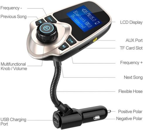 Nulaxy Bluetooth 5.4 Car Adapter FM Transmitter with 1.44" LCD Screen Black | Wireless FM Radio Player with Flexible Gooseneck, Noise Cancellating Fits Older Vehicles, Hands-Free Call Support USB/AUX/TF in Kuwait